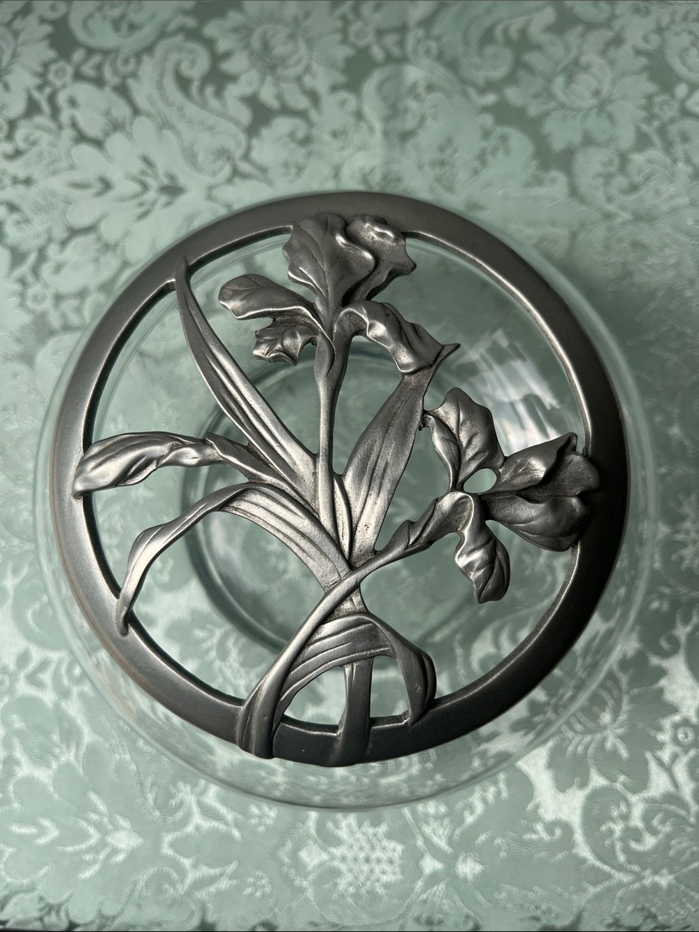 Vintage Seagull Pewter Iris Potpourri Jar 1988 Glass Trinket Bowl Art Nouveau